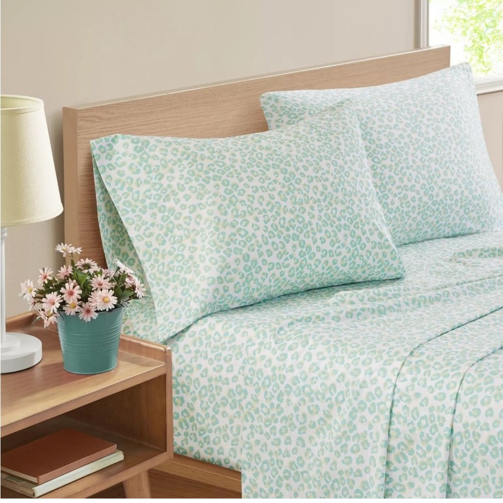 NEW MARMALADE Seafoam Mint Green Leopard FULL Sheet Set plus Extra 2 Pillowcases